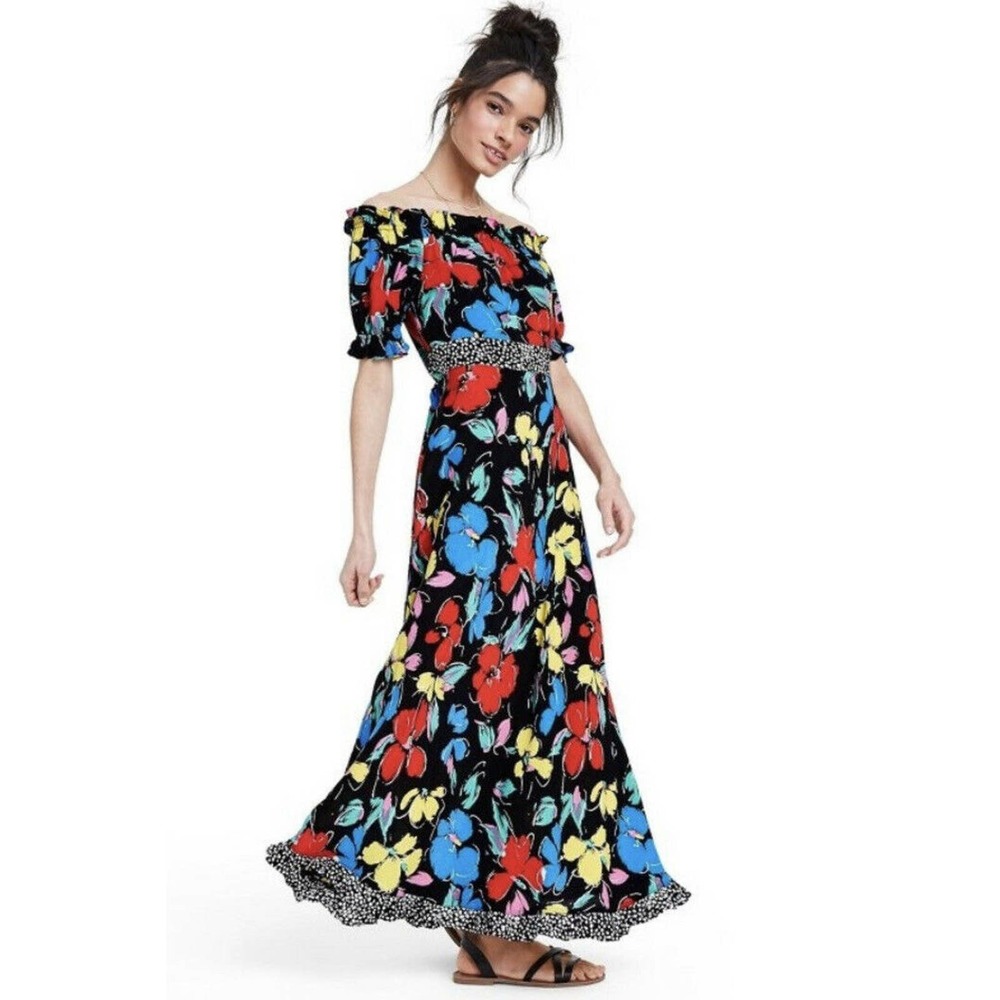 NEW! RIXO for Target •2• Black Floral Off the Shoulder Puff Sleeve Dress Maxi
